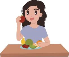 vetor do mulher menina comer frutas maçã morango laranja banana em a mesa ilustração