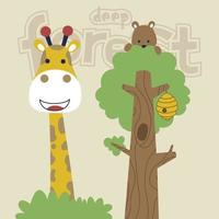 engraçado girafa com pequeno Urso em árvore, vetor desenho animado ilustração