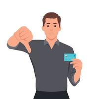 jovem homem de negocios mostrando crédito, débito, atm cartão e fazer polegar baixa gesto placa. pessoa segurando digital Forma de pagamento cartão vetor