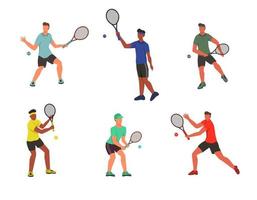 jovens jogando tênis. um conjunto de personagens planos isolados em um fundo branco. ilustração vetorial vetor