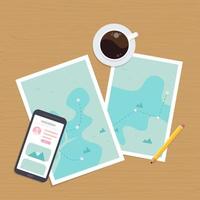 período de férias plano ilustração. café, Smartphone, e papel mapa do mundo em de madeira fundo vetor