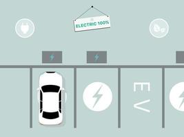 simples vetor ilustração estilo do uma branco elétrico carro cobrando às a verde carregador estação. eletromobilidade emoção conceito.