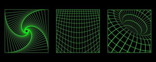 3d estrutura de arame cartazes com geométrico formas e grades dentro na moda retro cyberpunk anos 80 anos 90 estilo. ano 2000 estético vetor