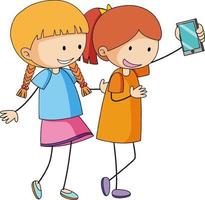 personagem de desenho animado de duas meninas tirando uma selfie na mão desenhada estilo doodle isolado vetor