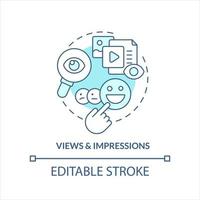 Visualizações e impressões turquesa conceito ícone. postar Métricas. social meios de comunicação analytics abstrato idéia fino linha ilustração. isolado esboço desenho. editável acidente vascular encefálico vetor