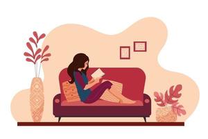 jovem relaxando em casa deitada no sofá lendo um livro. garota fazendo uma pausa para descansar no sofá de uma casa aconchegante. ilustração em vetor feminino estilo de vida diário.