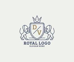 modelo de logotipo de luxo real de leão de letra dv inicial em arte vetorial para restaurante, realeza, boutique, café, hotel, heráldica, joias, moda e outras ilustrações vetoriais. vetor