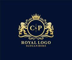modelo de logotipo de luxo real de leão de carta inicial cp em arte vetorial para restaurante, realeza, boutique, café, hotel, heráldica, joias, moda e outras ilustrações vetoriais. vetor