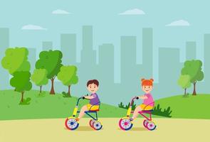 crianças andando de bicicleta no parque da cidade. árvores ao fundo. ilustração vetorial vetor