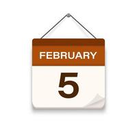 fevereiro 5, calendário ícone com sombra. dia, mês. encontro compromisso tempo. evento cronograma data. plano vetor ilustração.
