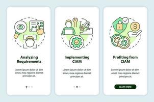 implementando ciam onboarding Móvel aplicativo tela. o negócio melhoria passo a passo 3 passos editável gráfico instruções com linear conceitos. interface do usuário, ux, gui modelo vetor