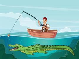 a pescador pega peixe em a barco, mas uma predatório crocodilo pega a isca, uma desenho animado cena vetor