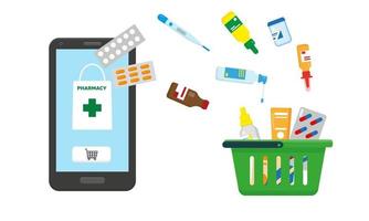 conectados farmacia conceito vetor ilustração. medicação é vôo a partir de Smartphone para compras cesta.