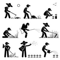 jardineiro e agricultor usando ferramentas e equipamentos de jardinagem para o trabalho. vetor