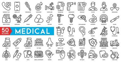 hospital médico linha ícones conjunto emergência chamar, médico aplicativo, termômetro, sangue derrubar, hospital cama, telemedicina, termômetro, seguro, médico e enfermeira vetor