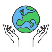 mão segurando planeta terra, linear vetor ícone. Salve  a planeta. terra dia símbolo. mundo meio Ambiente conservação.