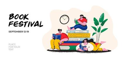 poster para a livro festival. mulheres e uma homem ler livros. jovem alunos estude livros didáticos. vetor