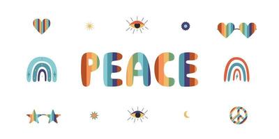 ilustração de boho hippy de vetor plana. elementos groovy retrô desenhados à mão e letras de paz