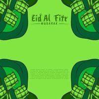 feliz eid al-fitr cumprimento Projeto dentro mão desenhado estilo, decorado com ketupat quadros vetor