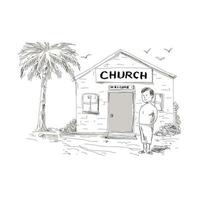 desenho animado menino samoano ao lado da igreja vetor