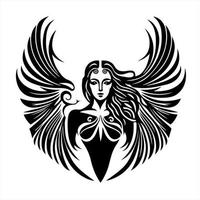 lindo mulher com anjo asas retrato. ornamental Projeto para tatuagem, logotipo, sinal, emblema, camiseta, bordado, construindo, sublimação. vetor