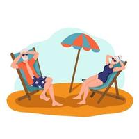 casal de idosos tomando banho de sol na praia. o conceito de velhice ativa. dia do idoso. ilustração em vetor plana dos desenhos animados.