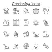 conjunto de ícones de linha do vetor relacionados com jardinagem. contém ícones como jardineiro, luva, cortador de grama, planta, borboleta, fertilização, semeadura, bota, pá, regador e muito mais