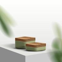 fundo para produtos. de madeira e verde produtos exibição pódio em branco fundo com natureza folhas para brincar Cosmético produtos. 3d etapa mostruário em pedestal exibição fundo estúdio vetor