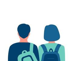 estudantes de pessoas com mochila, vista traseira do casal. jovens amigos com mochila escolar, aluno, adolescente. caminho futuro de escolha. ilustração vetorial vetor