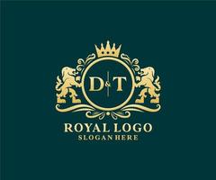 modelo de logotipo de luxo real de leão de letra dt inicial em arte vetorial para restaurante, realeza, boutique, café, hotel, heráldica, joias, moda e outras ilustrações vetoriais. vetor