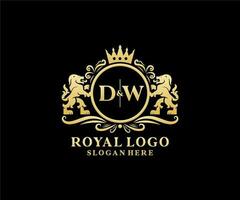 modelo de logotipo de luxo real de leão de letra dw inicial em arte vetorial para restaurante, realeza, boutique, café, hotel, heráldica, joias, moda e outras ilustrações vetoriais. vetor