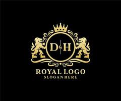inicial dh letter lion royal luxo logotipo modelo em arte vetorial para restaurante, realeza, boutique, café, hotel, heráldica, joias, moda e outras ilustrações vetoriais. vetor