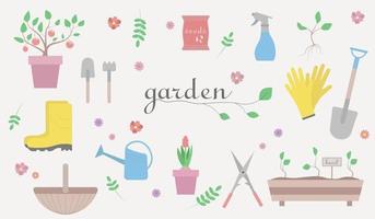 conjunto de ferramentas de jardinagem. ilustração em vetor de elementos de jardim.