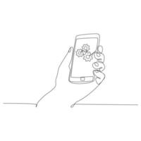 ilustração vetorial de desenho de linha contínua de mão segurando o smartphone com engrenagens na tela vetor