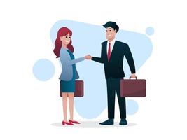homem e mulher com maleta apertam as mãos, negócio ou conceito de investidor, ilustração vetorial vetor