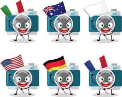 Câmera bolso desenho animado personagem trazer a bandeiras do vários países vetor