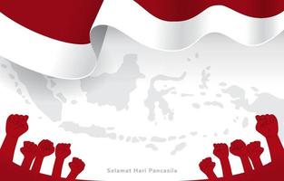 Indonésia comemorando o Dia da Pancasila com o mapa da Indonésia e o fundo da bandeira