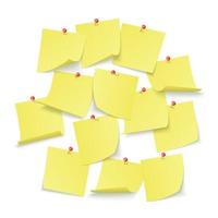Projeto do lembrete borda pendurado com esvaziar amarelo adesivos em anexo com vermelho alfinetes. vetor ilustração isolado em branco fundo