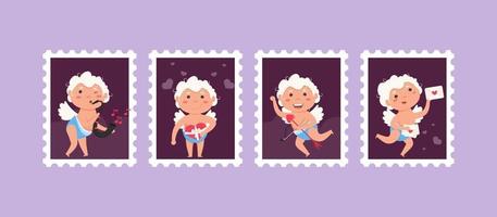 Valentine Cupid love angel poststamps menino bonito ou cupido de menina. vetor