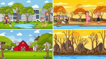 quatro cenas diferentes com personagens de desenhos animados infantis vetor
