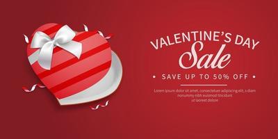 banner de venda do dia dos namorados com caixa de coração para presente aberta e design de conceito de fundo vermelho vetor