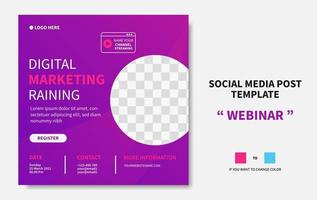 modelo de postagem de mídia social de treinamento em marketing digital de webinar. vetor de design de banner web promoção online