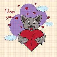 ilustração colorida para crianças com morcego abraçando o coração com eu te amo desenhada em um caderno na caixa vetor