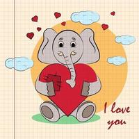 ilustração colorida para crianças com elefantinho abraçando o coração com eu te amo vetor