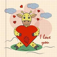 ilustração colorida para crianças com girafa abraçando o coração com eu te amo vetor