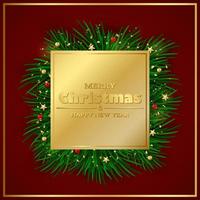 alegre Natal e feliz Novo ano cartão. Natal árvore galhos, ouro decoração e confete em uma vermelho fundo. vetor