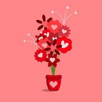 coração forma vermelho flores dentro uma flor Panela. amor e romance símbolo. plano Projeto. isolado vetor ilustração
