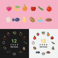 o ícone de contorno de alimentos de nutrição dietética definir frutas e legumes com ovo, peixe, queijo duro, aveia e pão. ilustração vetorial de conceito de alimentação saudável vetor