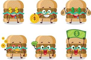 Hamburger desenho animado personagem com fofa emoticon trazer dinheiro vetor