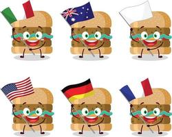 Hamburger desenho animado personagem trazer a bandeiras do vários países vetor